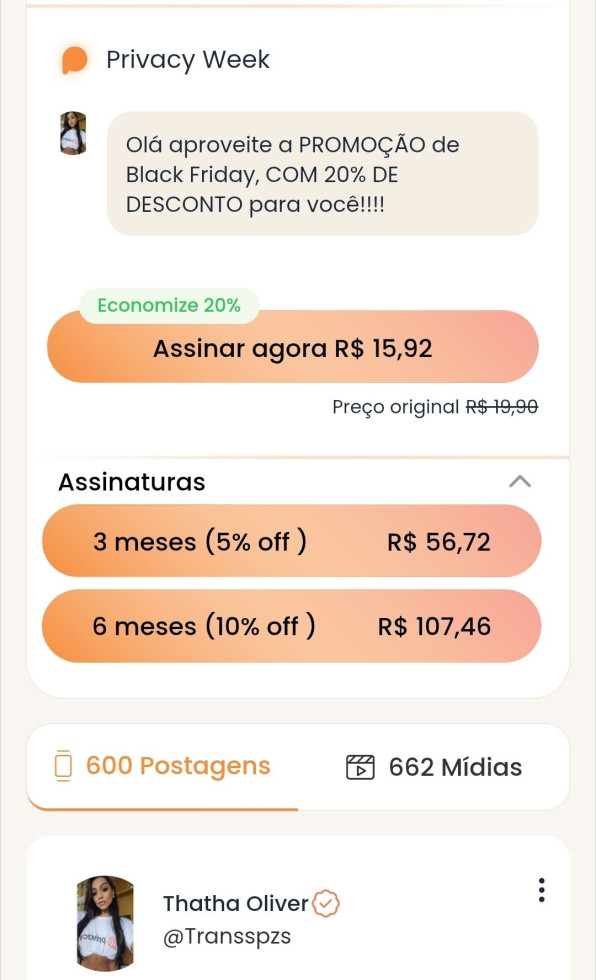 Olá, tá sabendo da promoção?! Assinatura mensal está com 20% de desconto!!! Vem aproveitar a Black Friday!! 💰🤑 @Transspzs 
 
CORRE SÃO APENAS 50 ASSINATURAS COM DESCONTO