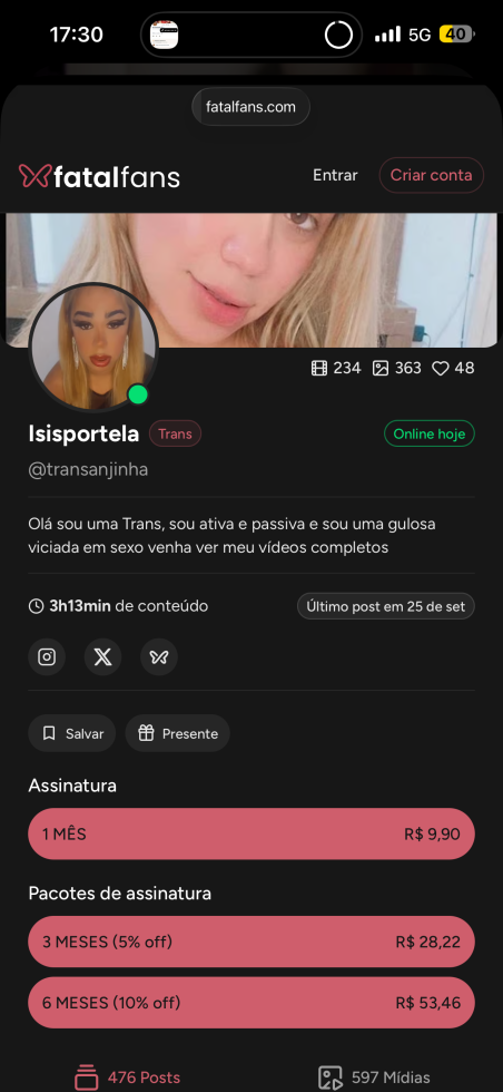 Apenas 9.90 reais 
Meu fatalfans 
Com mais de 600 vídeos completos 
O LINK ESTÁ NO MEU POST FIXADO NO MEU PERFIL 

#transanjinha