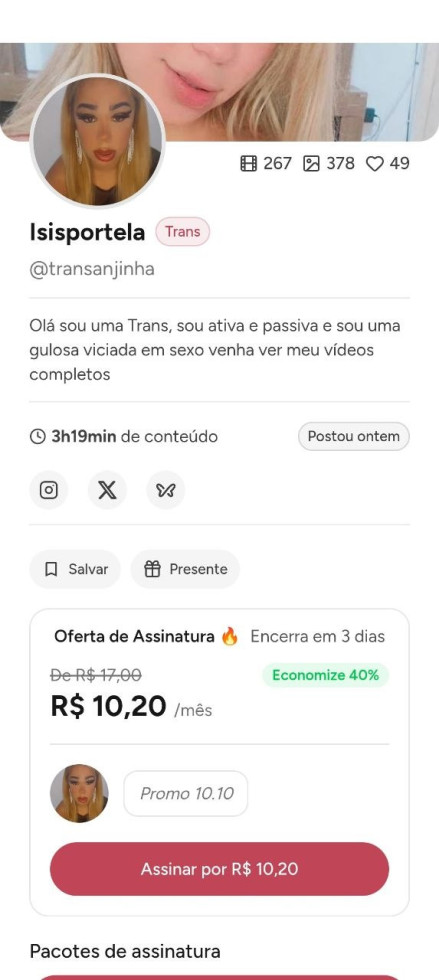 PROMO DO 10.10

Aproveitem são mais de 600 vídeos por apenas 10,20 reais

O LINK ESTÁ NO MEU POST FIXADO NO PERFIL

#transanjinha